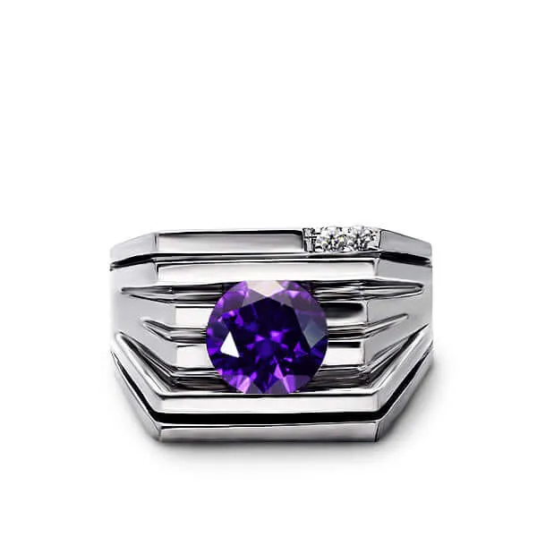 Men's Heavy Solid Silver Ring Round Cut Gemstone and 2 Diamonds