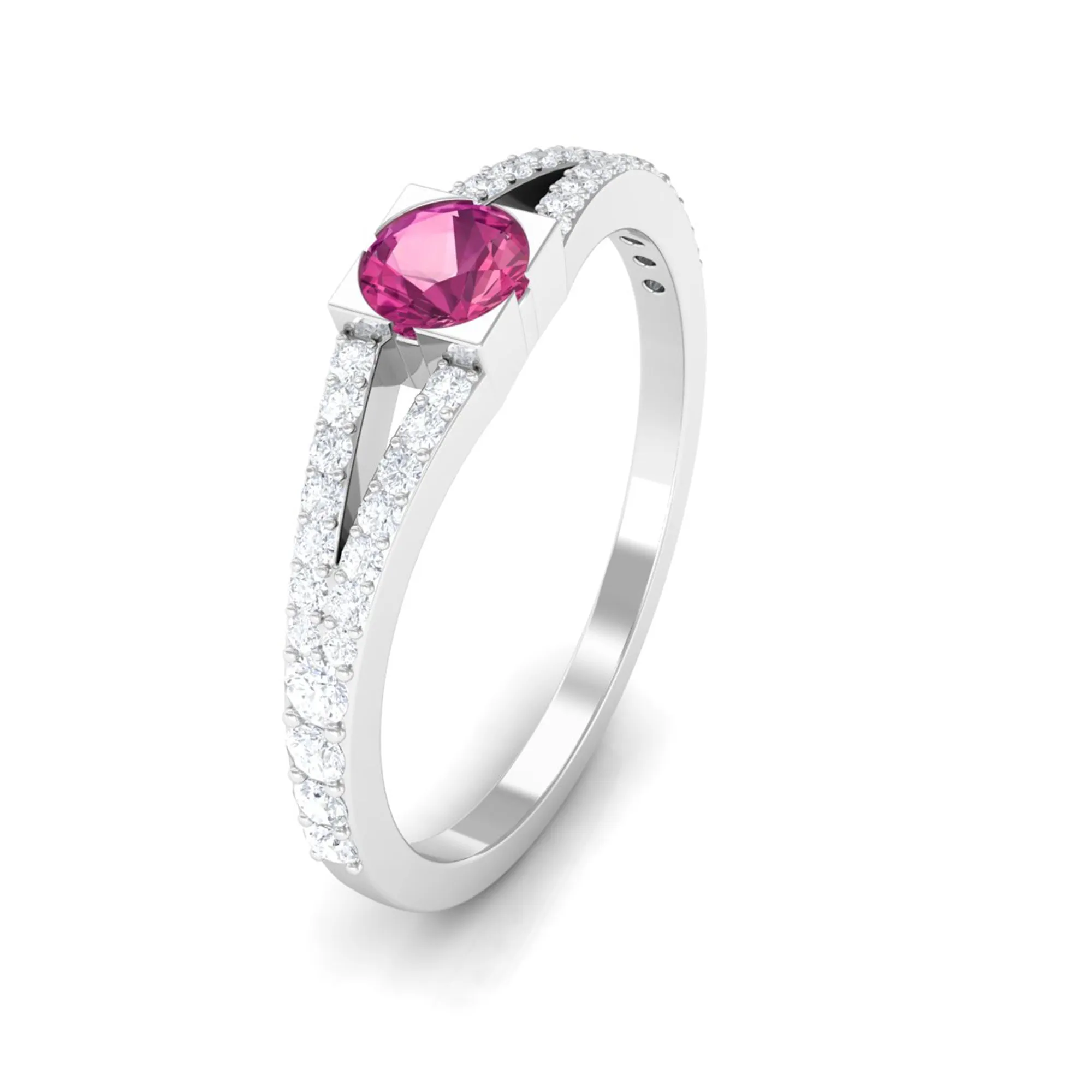 Minimal Pink Tourmaline Split Shank Ring with Diamond