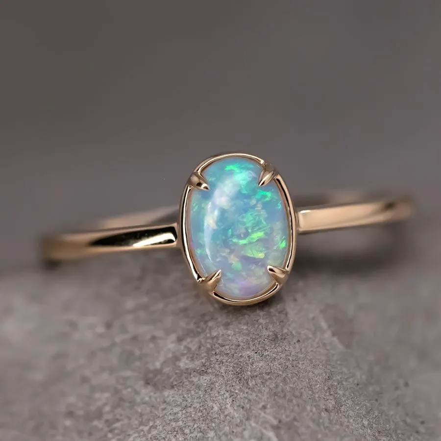 Minimal Style Oval Australian Solid Opal Ring 18k Yellow Gold Band