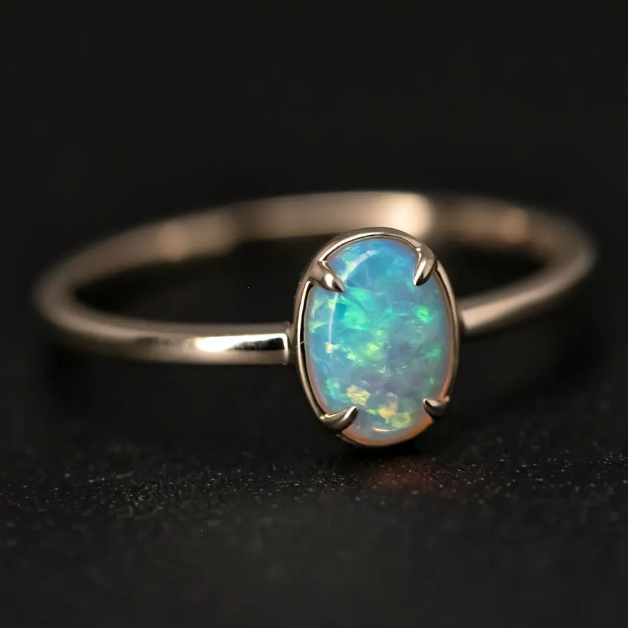 Minimal Style Oval Australian Solid Opal Ring 18k Yellow Gold Band