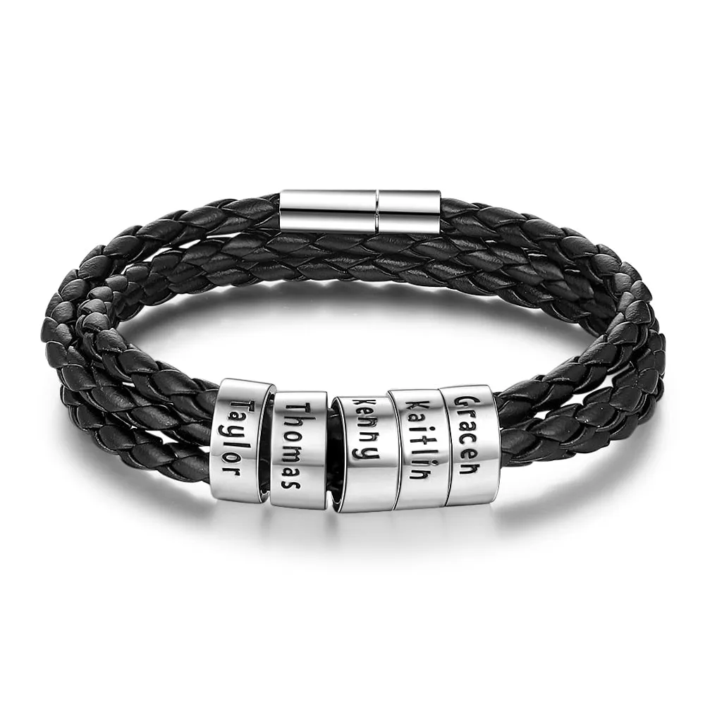 Personalized Family Names Men Bracelet with Custom Beads Black Multilayer Leather Charm Bracelets for Men Accessories