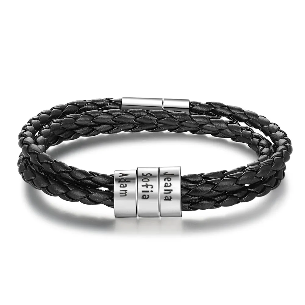 Personalized Family Names Men Bracelet with Custom Beads Black Multilayer Leather Charm Bracelets for Men Accessories