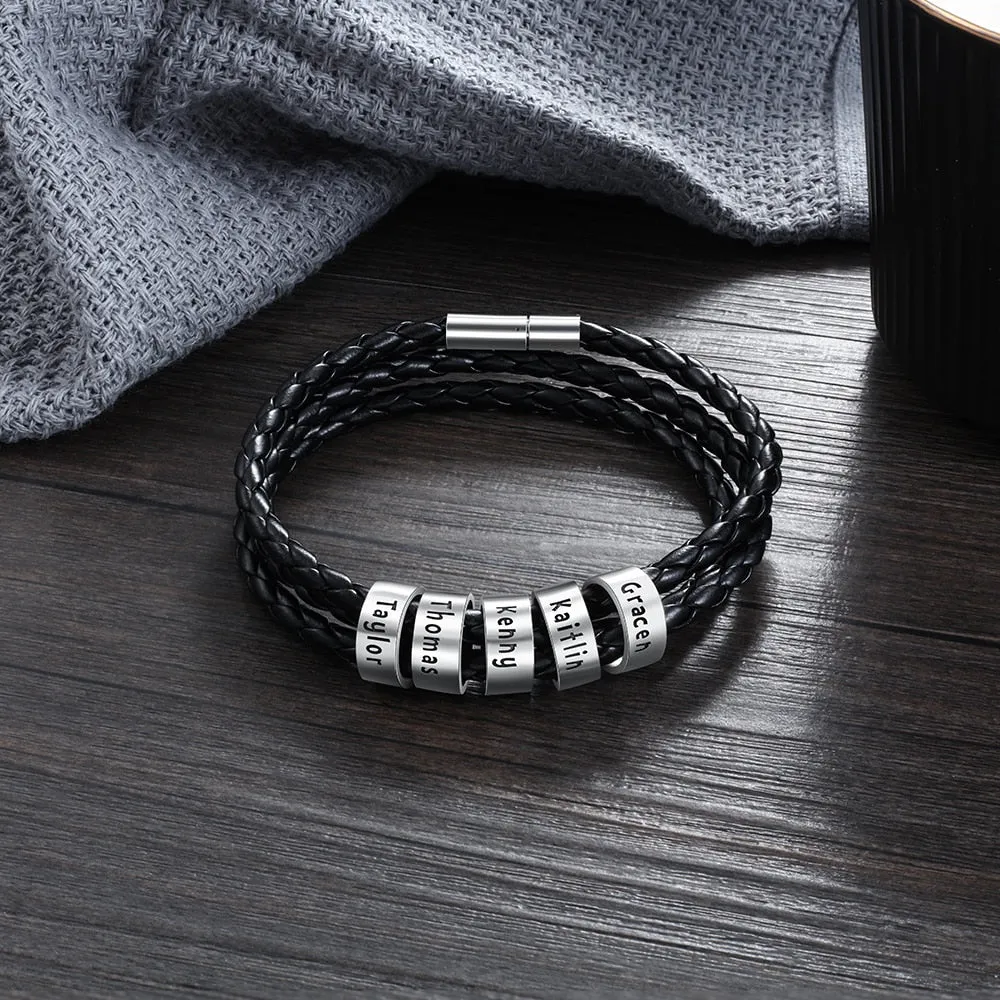 Personalized Family Names Men Bracelet with Custom Beads Black Multilayer Leather Charm Bracelets for Men Accessories