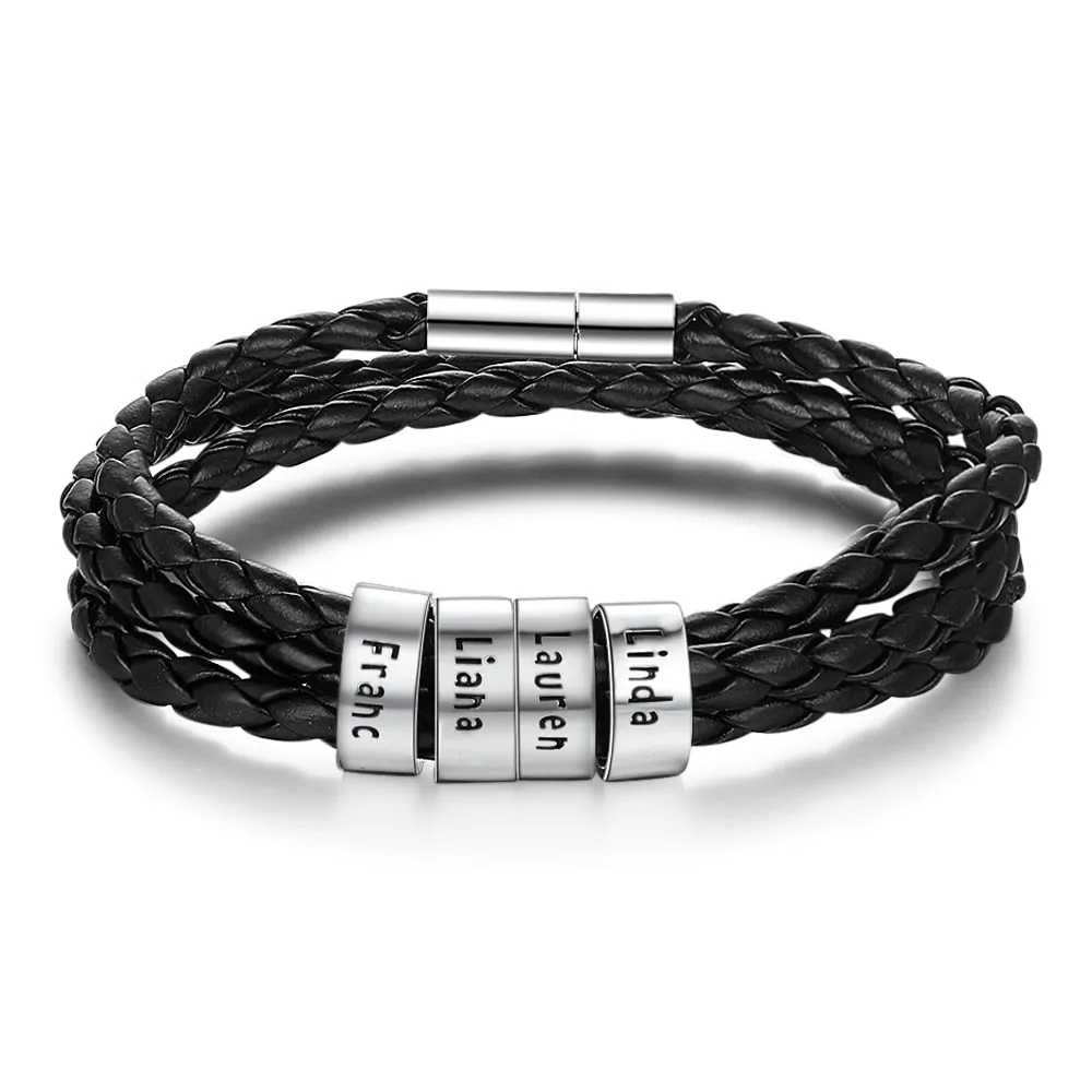 Personalized Family Names Men Bracelet with Custom Beads Black Multilayer Leather Charm Bracelets for Men Accessories