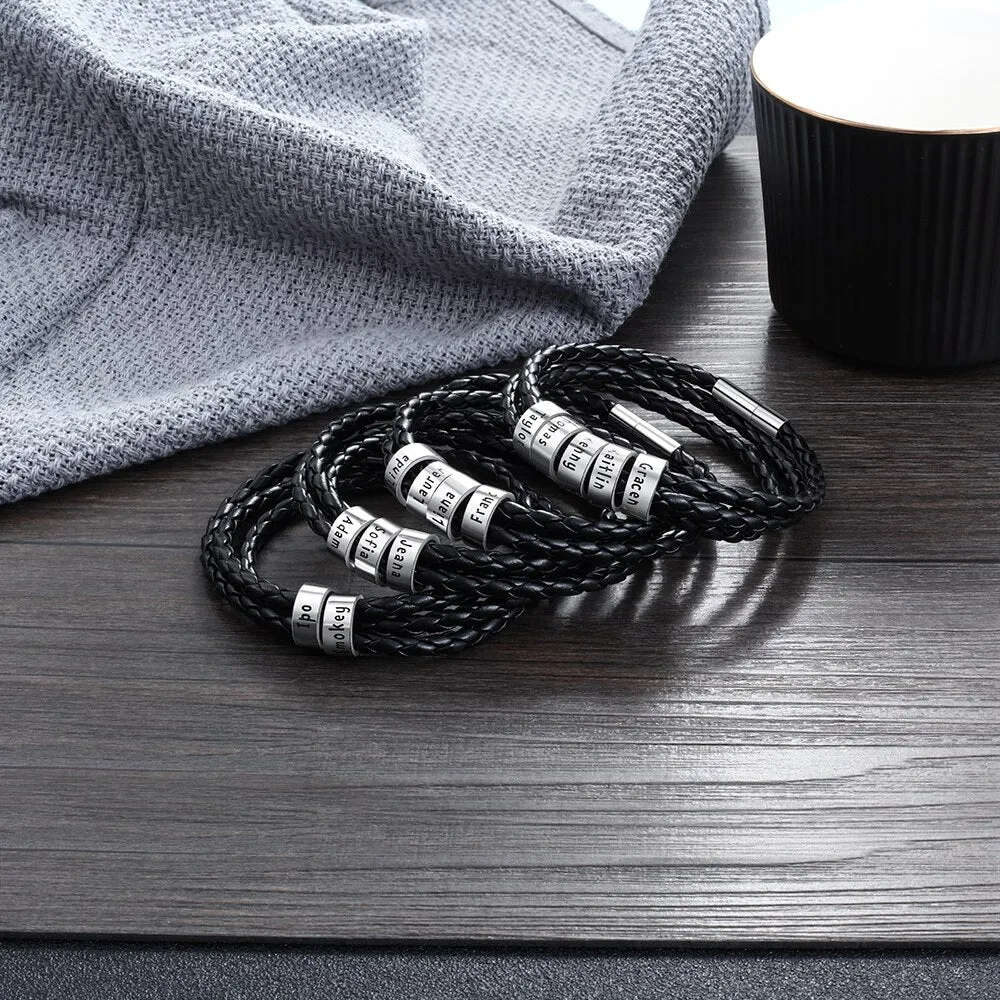 Personalized Family Names Men Bracelet with Custom Beads Black Multilayer Leather Charm Bracelets for Men Accessories