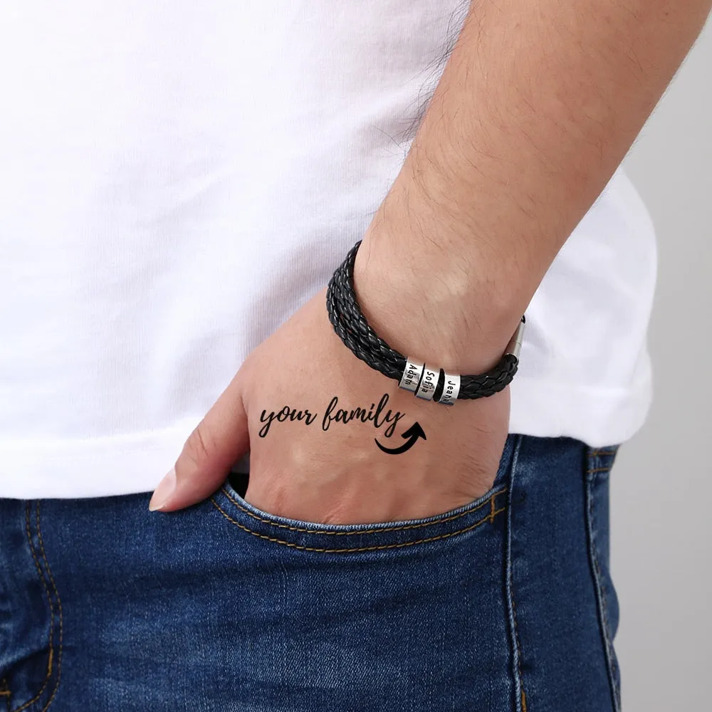 Personalized Family Names Men Bracelet with Custom Beads Black Multilayer Leather Charm Bracelets for Men Accessories