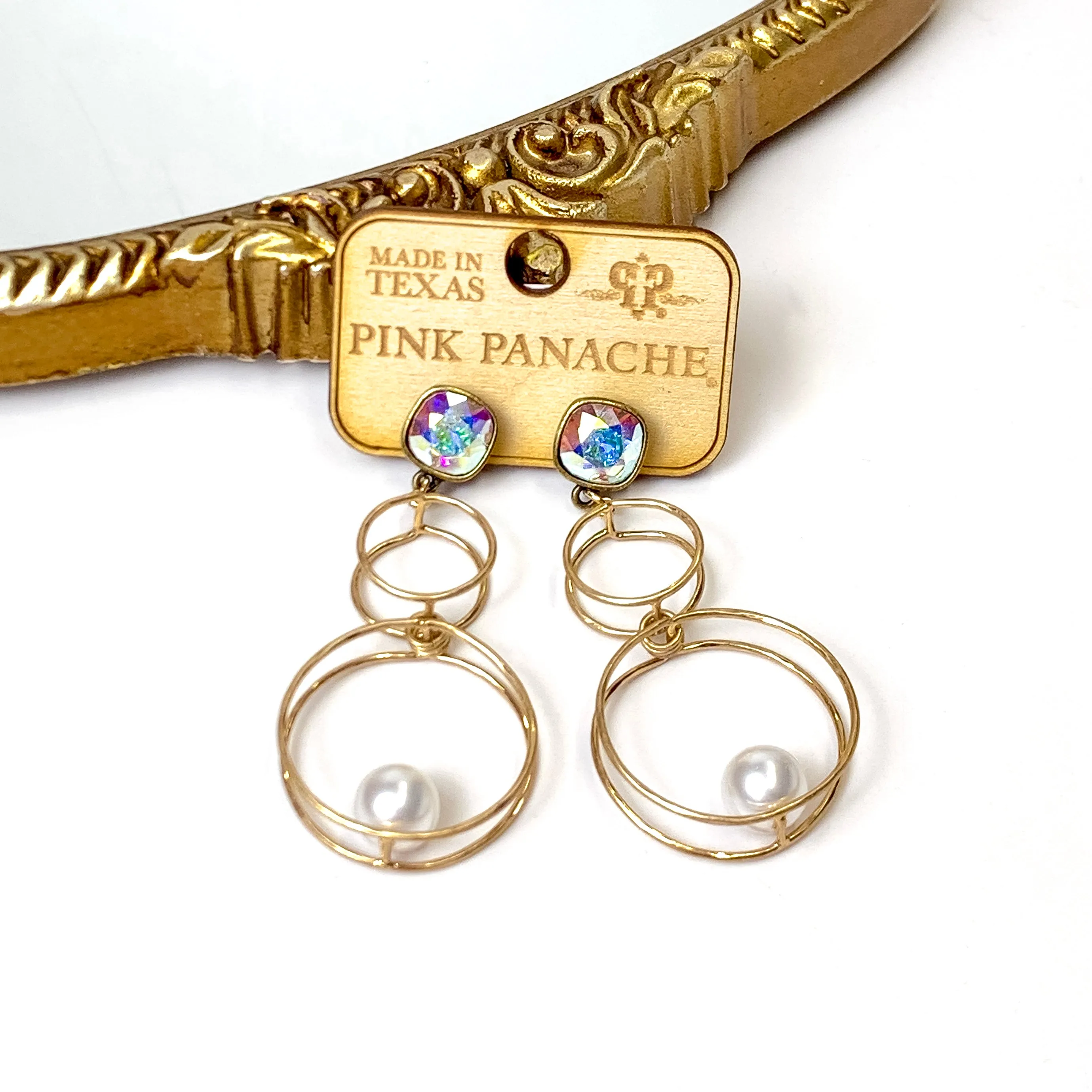 Pink Panache | Double Trouble Circle Drop Earrings with AB Cushion Cut Posts and Pearl Accents