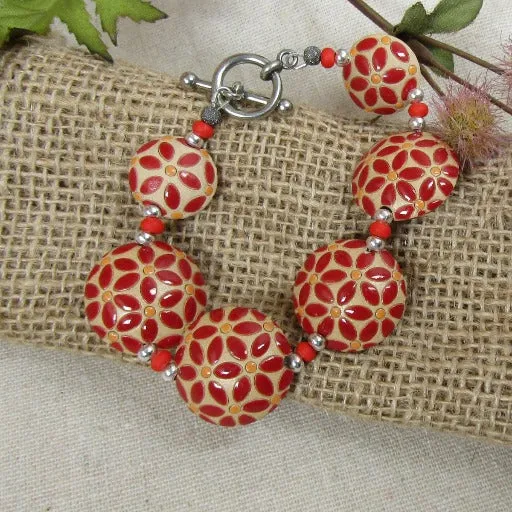 Red & Tan Artisan Bead Bracelet