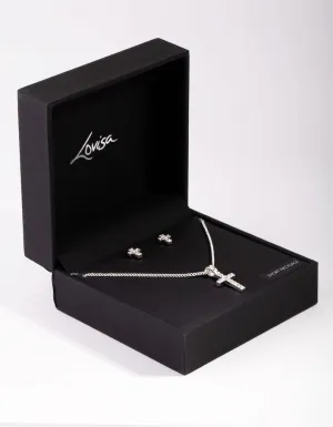 Silver Small Diamante Cross Necklace & Earrings Set