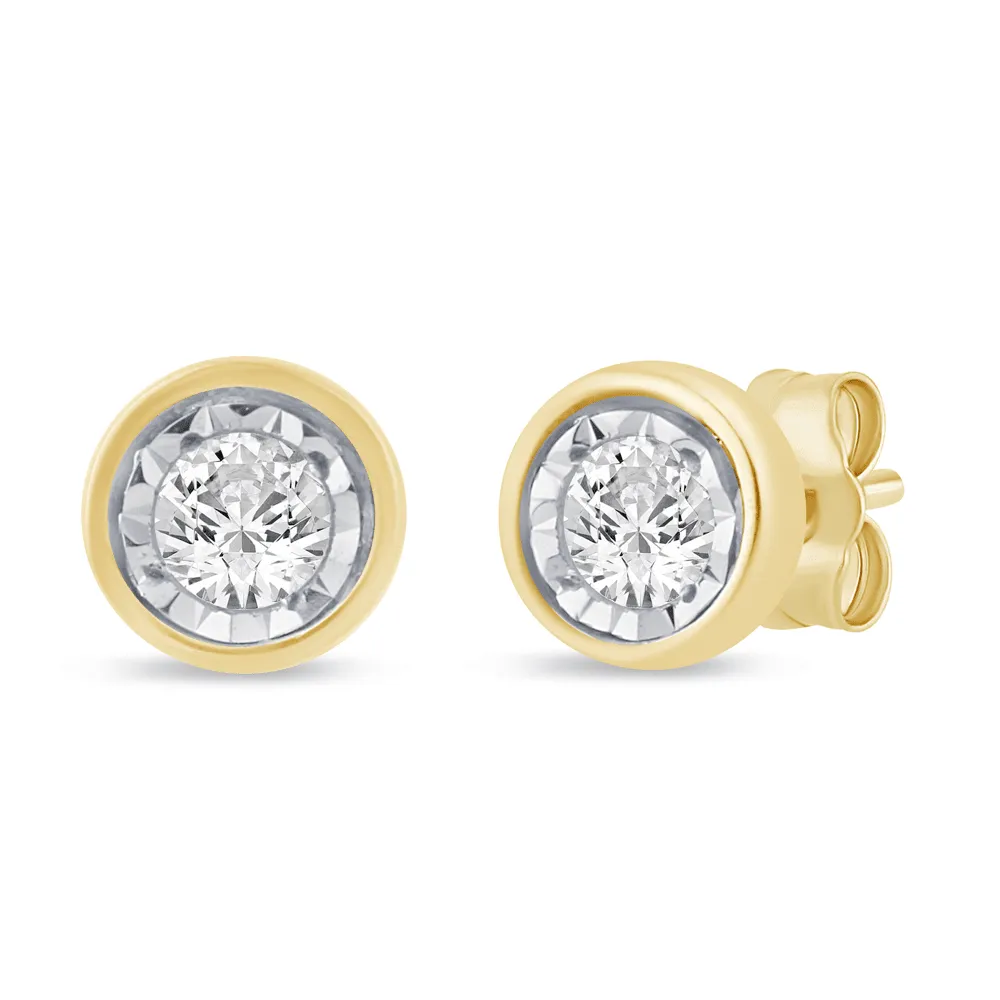 Soliatire Bezel Stud Earrings with 0.05ct of Diamonds in 9ct Yellow Gold