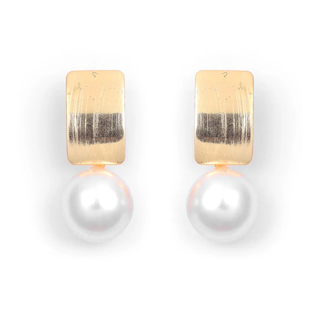 Striking Gold Rectangular Earrings Accented With A Chic Pearl.