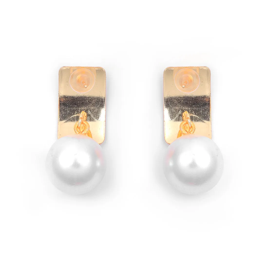 Striking Gold Rectangular Earrings Accented With A Chic Pearl.