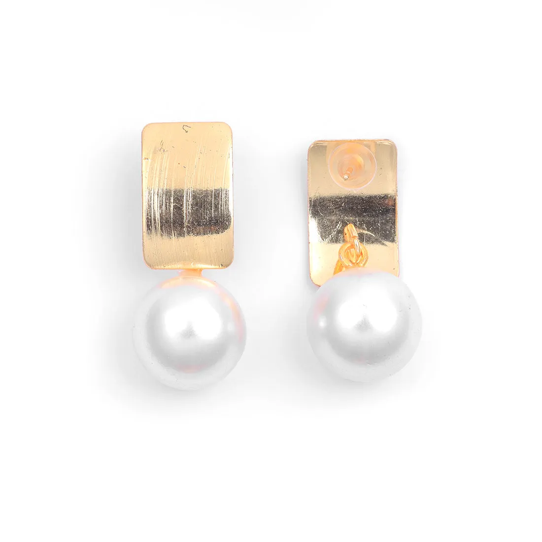 Striking Gold Rectangular Earrings Accented With A Chic Pearl.