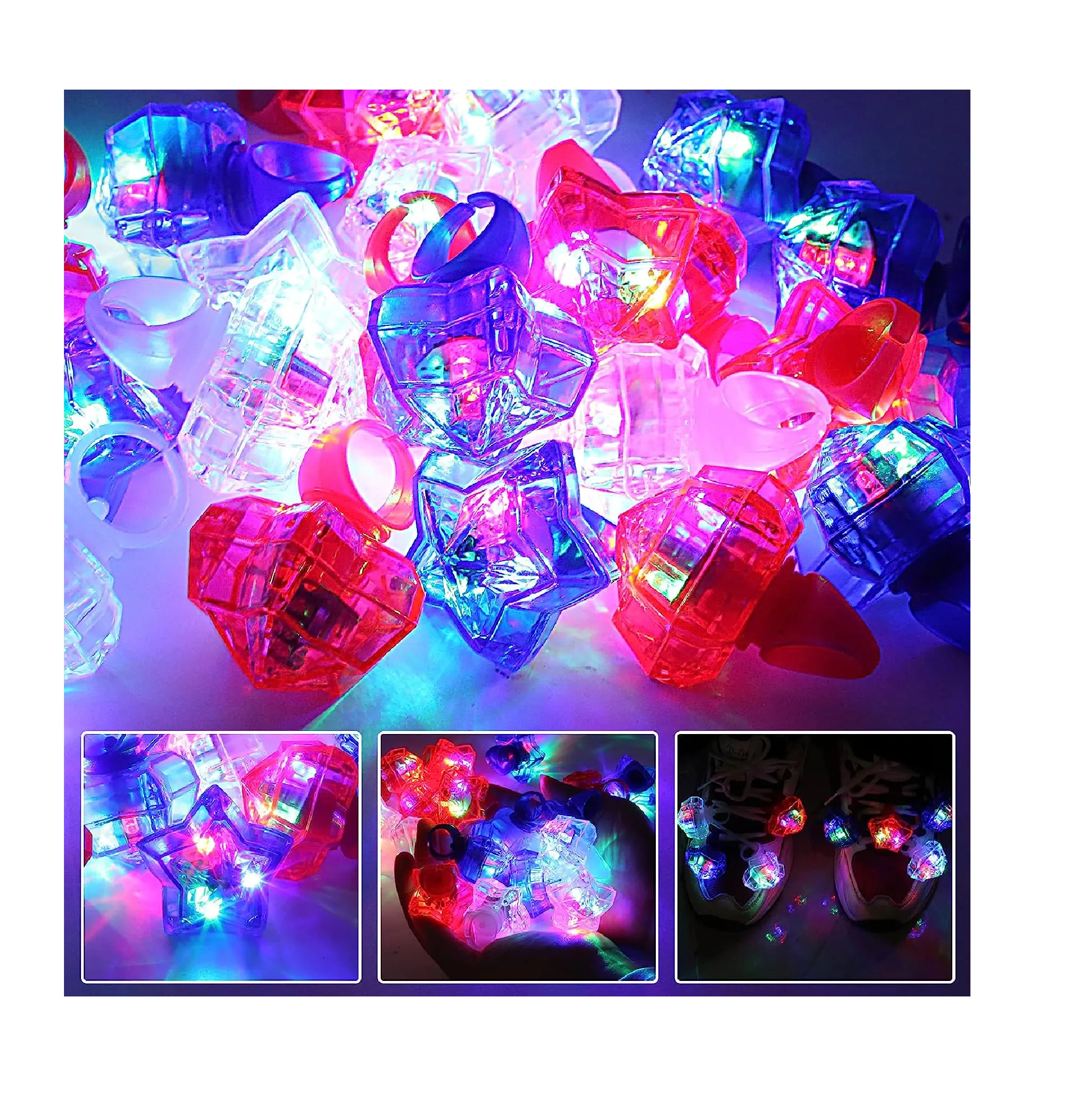 SURCVIO 24 Pack 4th of July Party Supplies Light Up Ring Red White and Blue Stars Kids Toys Women Men Patriotic Party Accessories