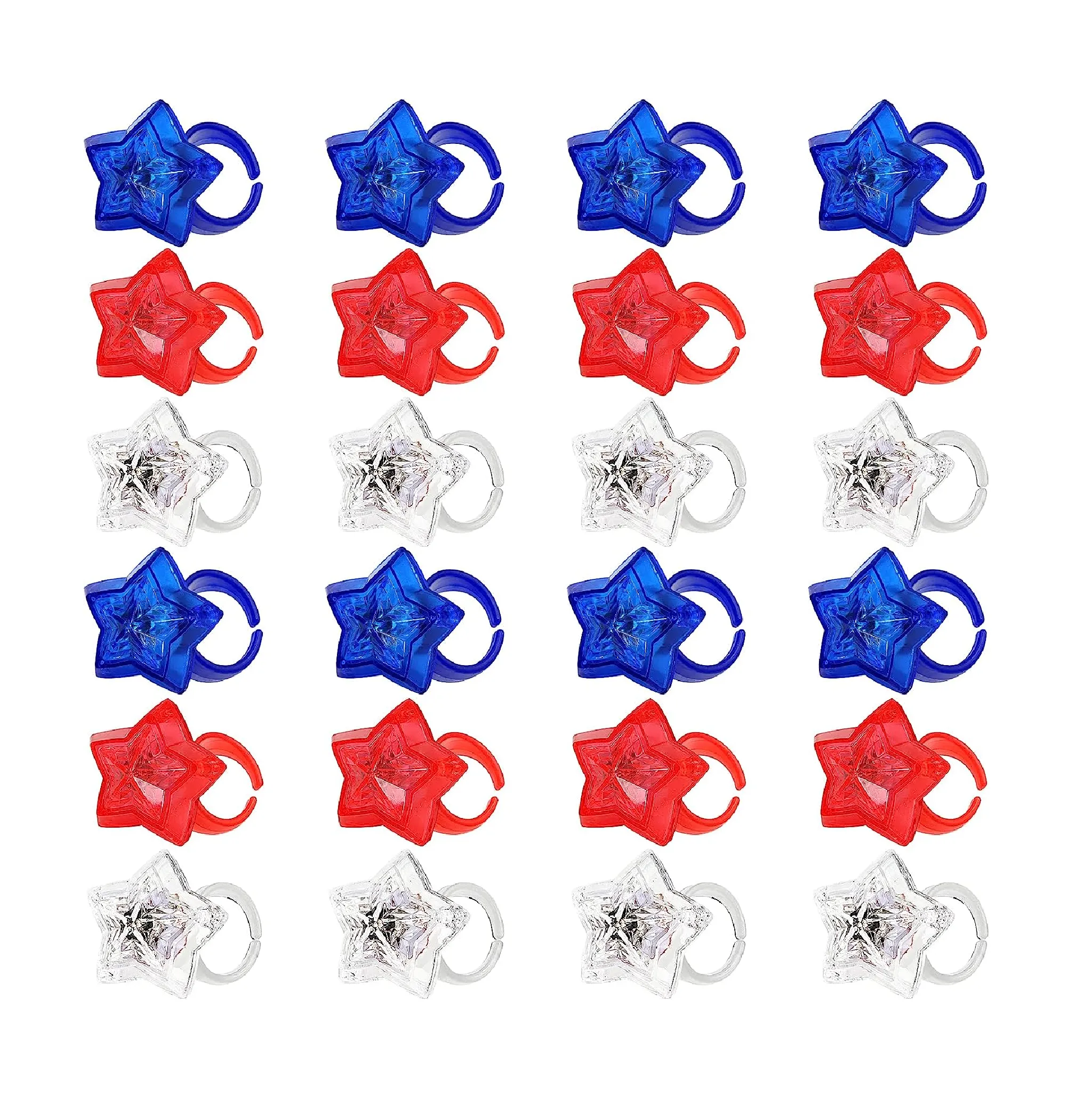 SURCVIO 24 Pack 4th of July Party Supplies Light Up Ring Red White and Blue Stars Kids Toys Women Men Patriotic Party Accessories