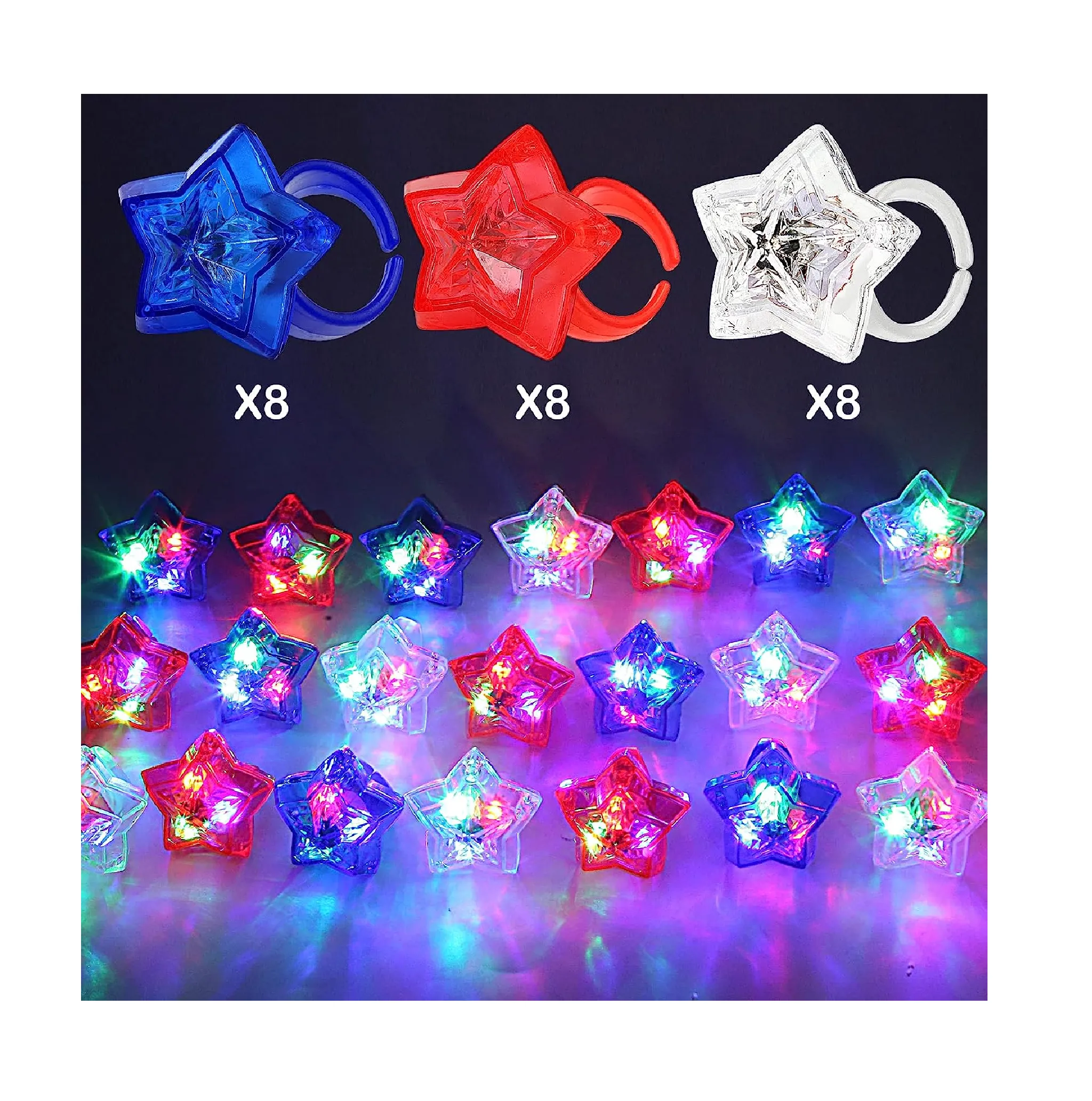 SURCVIO 24 Pack 4th of July Party Supplies Light Up Ring Red White and Blue Stars Kids Toys Women Men Patriotic Party Accessories