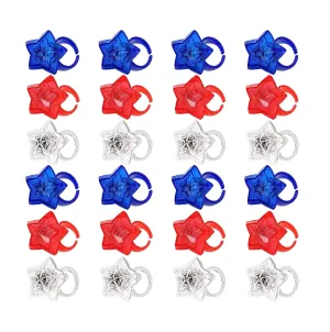 SURCVIO 24 Pack 4th of July Party Supplies Light Up Ring Red White and Blue Stars Kids Toys Women Men Patriotic Party Accessories