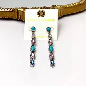 Thin Bar Faux Turquoise and Multicolor Marquis Crystal Drop Earrings