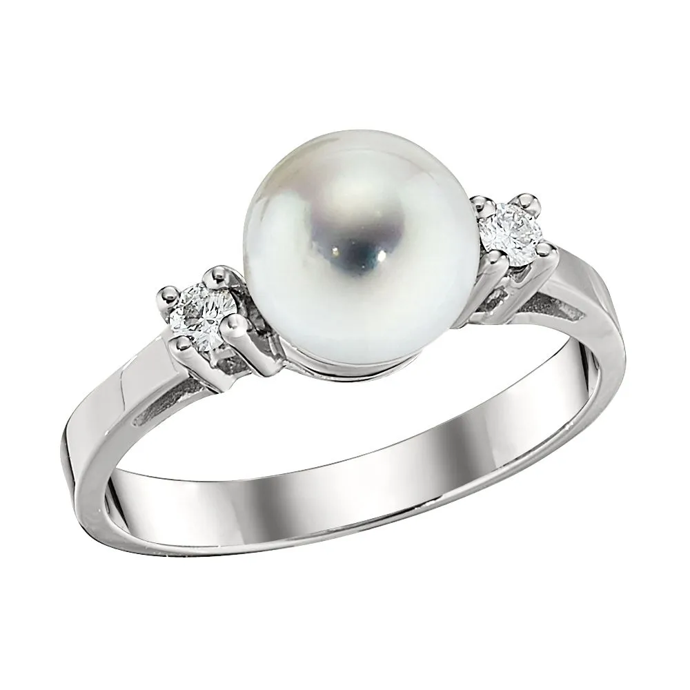 Timeless Akoya Cultured Pearl and Round Diamond Side Stone Ring