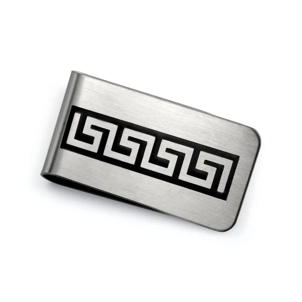 Two Tone Black Enamel Greek Key Money Clip for Men - Stainless Steel Card Holder