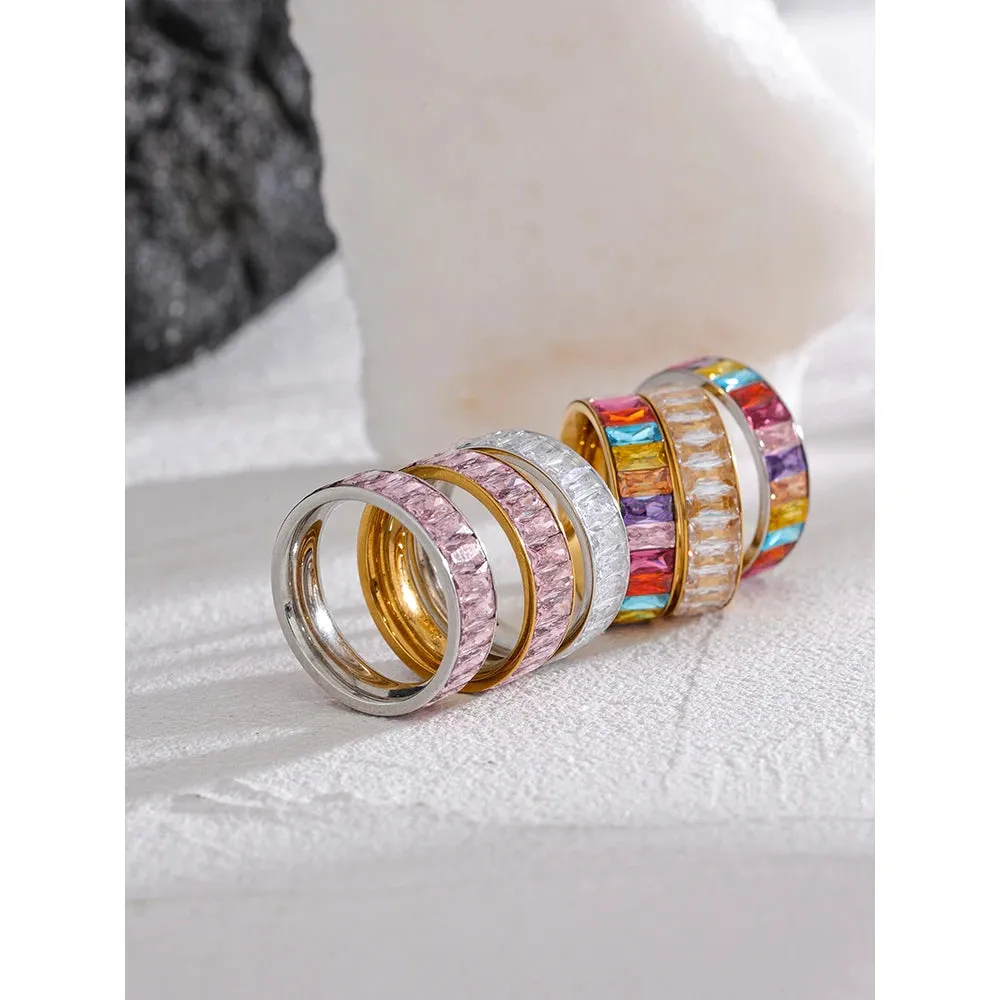 VAIGE Elegant Multi-Ring Set with Shiny Colorful Cubic Zirconia in Stainless Steel – High-Quality Fashion Jewelry