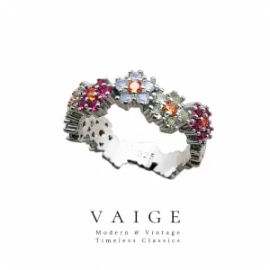 VAIGE Floral Elegance Gold Ring with Colorful Zircon Stones - 925 Sterling Silver