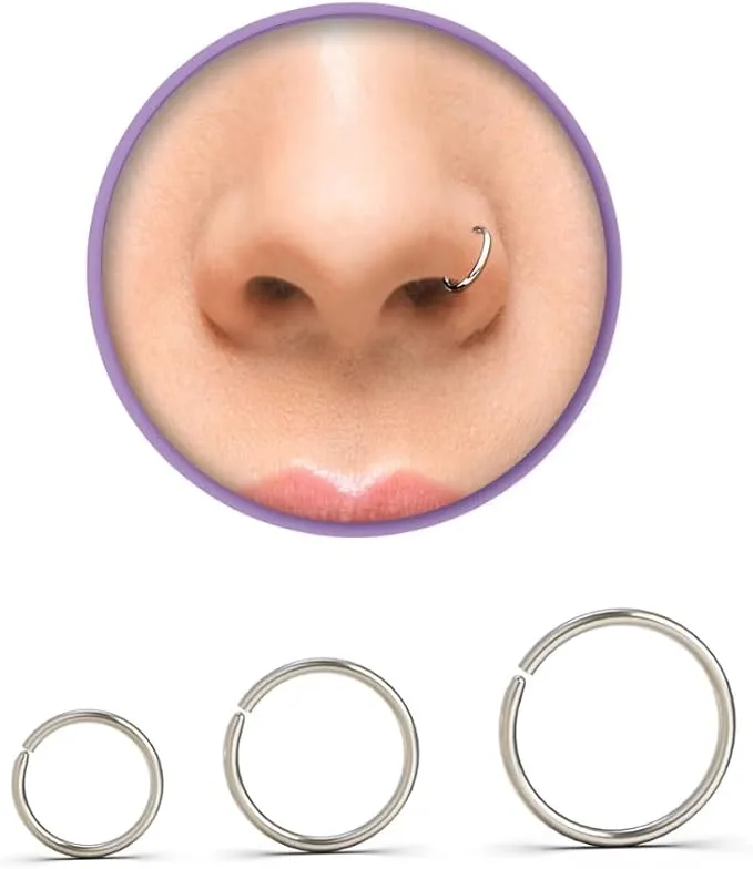 VYIZERR 3pk Nose Rings Hoops Silver, Thin Snug Surgical Steel Nose Septum Tragus Earring lip Nostril Piercing Jewelry for Women