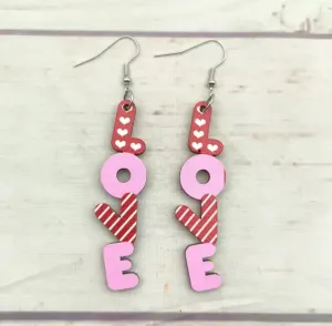 Wooden Pink and Red L-O-V-E Drop Earrings